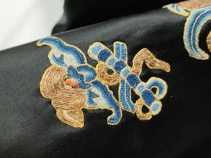 平和屋着物●アンティーク 大正ロマン 中国三大刺繍 相良刺繍 総刺繍 九寸名古屋帯 駒刺繍 ビーズ 陶器花文 黒地 金糸 正絹 逸品CABB9360hy