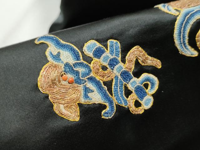 平和屋着物●アンティーク 大正ロマン 中国三大刺繍 相良刺繍 総刺繍 九寸名古屋帯 駒刺繍 ビーズ 陶器花文 黒地 金糸 正絹 逸品CABB9360hy