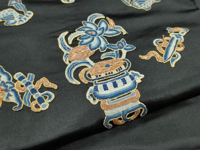 平和屋着物●アンティーク 大正ロマン 中国三大刺繍 相良刺繍 総刺繍 九寸名古屋帯 駒刺繍 ビーズ 陶器花文 黒地 金糸 正絹 逸品CABB9360hy