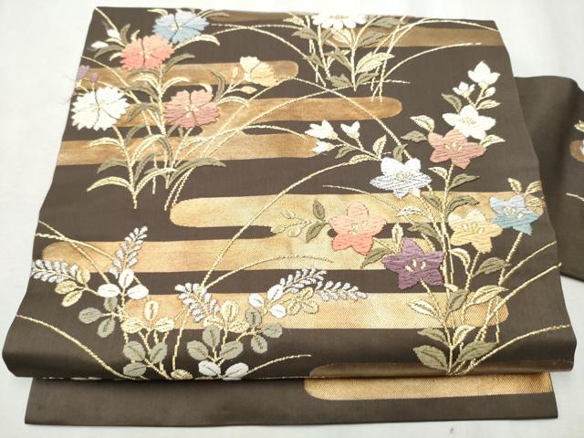 平和屋着物●九寸名古屋帯 唐織 エ霞草花文 金銀糸 正絹 逸品 CABB9363hy