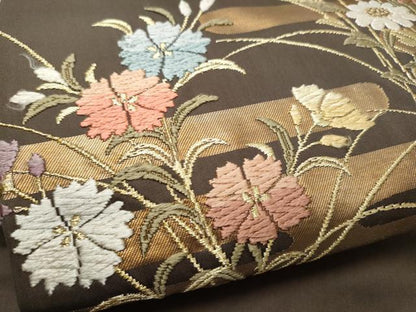 平和屋着物●九寸名古屋帯 唐織 エ霞草花文 金銀糸 正絹 逸品 CABB9363hy