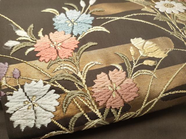 平和屋着物●九寸名古屋帯 唐織 エ霞草花文 金銀糸 正絹 逸品 CABB9363hy