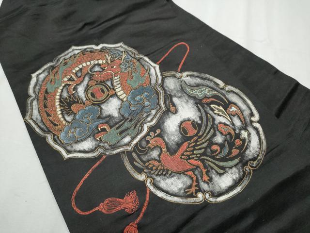 平和屋着物●アンティーク　大正ロマン　九寸名古屋帯　鏡浦龍鳳凰文　黒地　金彩　正絹　逸品　CABB9367hy