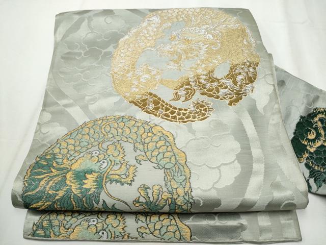 平和屋着物●アンティーク　大正ロマン　九寸名古屋帯　龍　金銀糸　正絹　逸品　CABB9368hy 平和屋着物○アンティーク 大正ロマン 九寸名古屋帯 龍 金銀糸 正絹 逸品