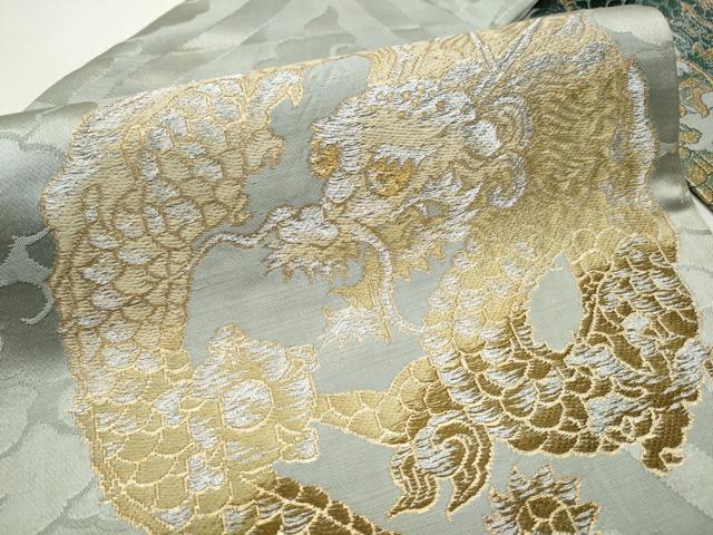 アンティーク名古屋帯　龍・ドラゴン　刺繍・金駒刺繍　大正ロマン　正絹　N2-88 平和屋着物○アンティーク 大正ロマン 九寸名古屋帯 龍 金銀糸 正絹 逸品