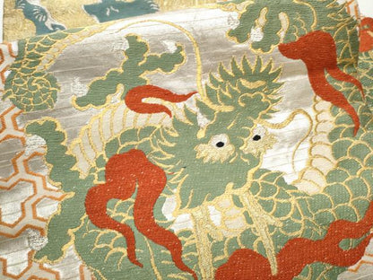 平和屋着物●アンティーク　大正ロマン　九寸名古屋帯　唐織　龍　唐獅子　金銀糸　引き抜き帯　正絹　逸品　CABB9369hy
