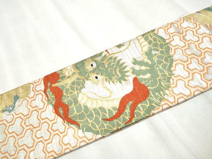 平和屋着物●アンティーク　大正ロマン　九寸名古屋帯　唐織　龍　唐獅子　金銀糸　引き抜き帯　正絹　逸品　CABB9369hy