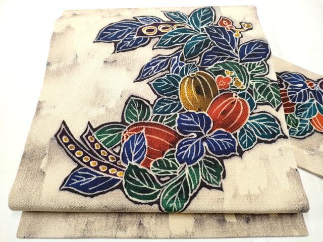 平和屋着物●九寸名古屋帯　型染め　草花文　鬼しぼ縮緬　正絹　逸品　CABB9370hy