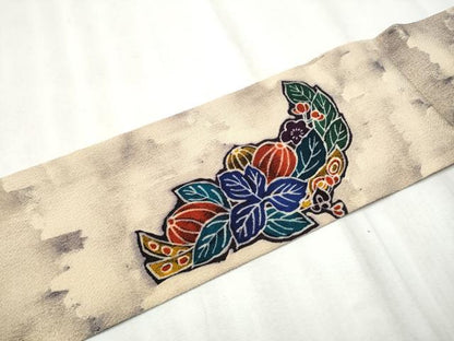 平和屋着物●九寸名古屋帯　型染め　草花文　鬼しぼ縮緬　正絹　逸品　CABB9370hy