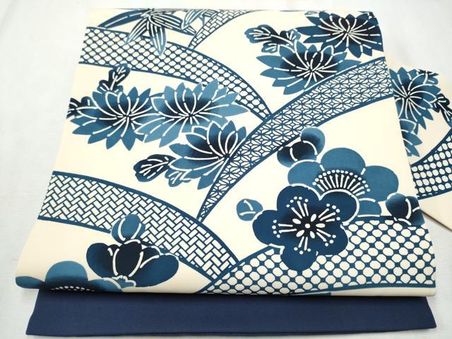 平和屋着物●塩瀬　全通柄　九寸名古屋帯　藍　型染め　舞花文　正絹　逸品　CABB9372hy