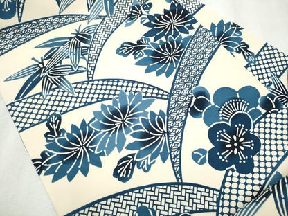 平和屋着物●塩瀬　全通柄　九寸名古屋帯　藍　型染め　舞花文　正絹　逸品　CABB9372hy
