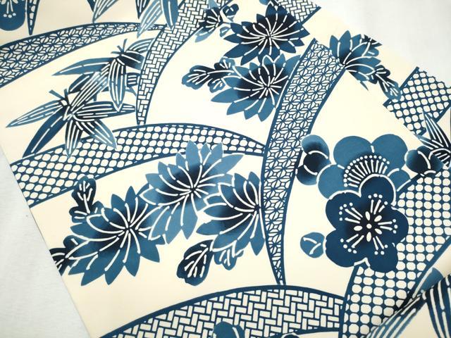 平和屋着物●塩瀬　全通柄　九寸名古屋帯　藍　型染め　舞花文　正絹　逸品　CABB9372hy