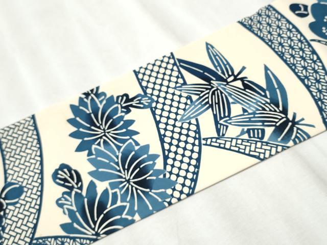 平和屋着物○塩瀬 全通柄 九寸名古屋帯 藍 型染め 舞花