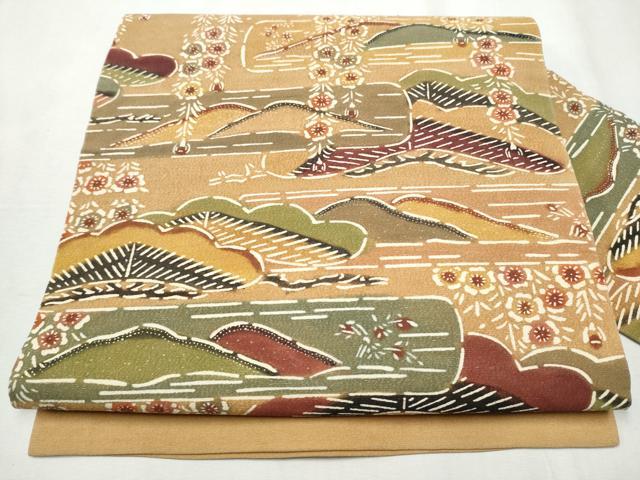 平和屋着物●九寸名古屋帯　型染め　遠山草花文　正絹　逸品　CABB9373hy