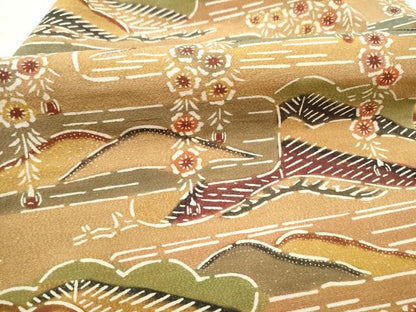 平和屋着物●九寸名古屋帯　型染め　遠山草花文　正絹　逸品　CABB9373hy