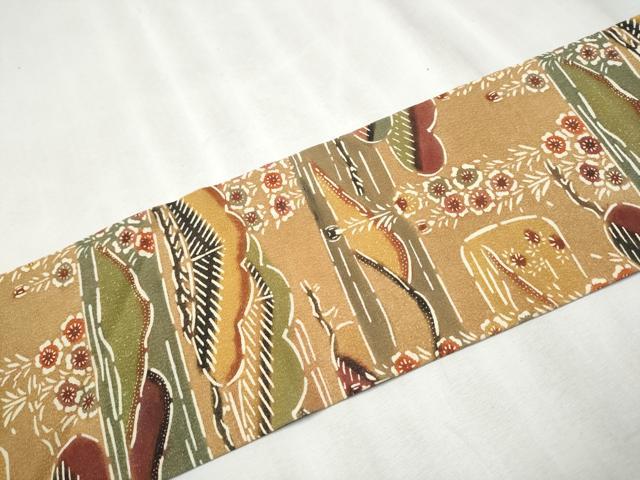 平和屋着物●九寸名古屋帯　型染め　遠山草花文　正絹　逸品　CABB9373hy