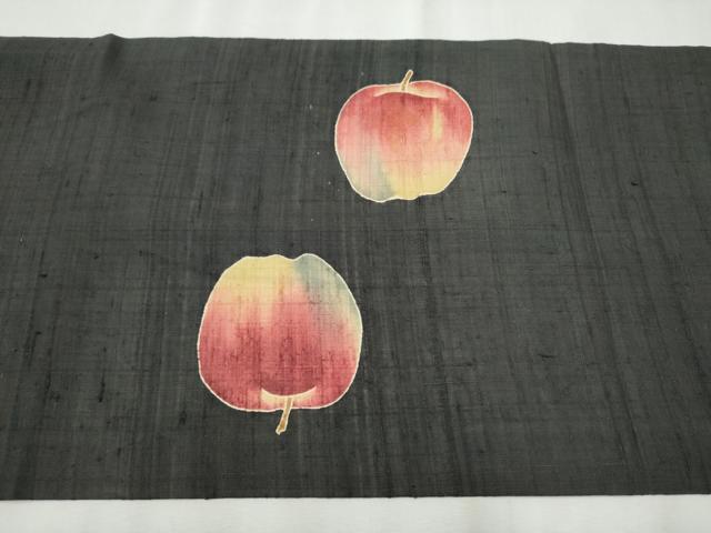 平和屋着物●九寸開き名古屋帯　紬地　林檎　黒地　正絹　逸品　CABB9384hy