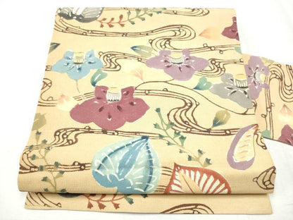 平和屋着物●九寸名古屋帯　紅型　流水花文　正絹　逸品　CABB9386hy