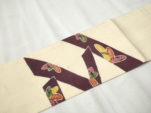 平和屋着物●九寸名古屋帯 型染め 舞葉文 鬼しぼ縮緬 正絹 逸品 CABB9389hy