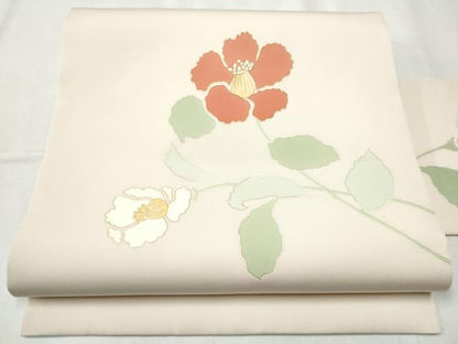 平和屋着物●塩瀬 九寸名古屋帯 駒刺繍 枝花文 金彩 正絹 逸品 CABB9393hy