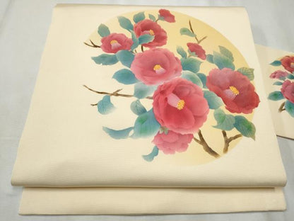 平和屋着物●塩瀬 九寸名古屋帯 枝花丸文 金彩 正絹 逸品 CABB9395hy