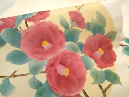 平和屋着物●塩瀬 九寸名古屋帯 枝花丸文 金彩 正絹 逸品 CABB9395hy