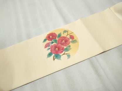 平和屋着物●塩瀬 九寸名古屋帯 枝花丸文 金彩 正絹 逸品 CABB9395hy