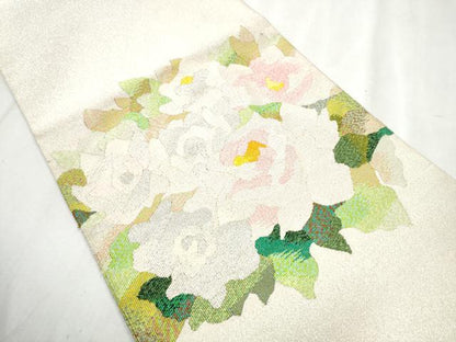 平和屋着物●爪掻き本綴れ　八寸名古屋帯　草花文　銀糸　正絹　逸品　CABB9396hy