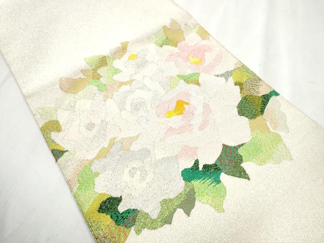 平和屋着物●爪掻き本綴れ　八寸名古屋帯　草花文　銀糸　正絹　逸品　CABB9396hy