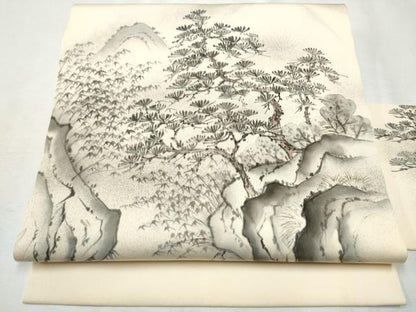 平和屋着物●塩瀬 九寸名古屋帯 手描き 遠山枝松葉文 正絹 逸品 CABB9398hy