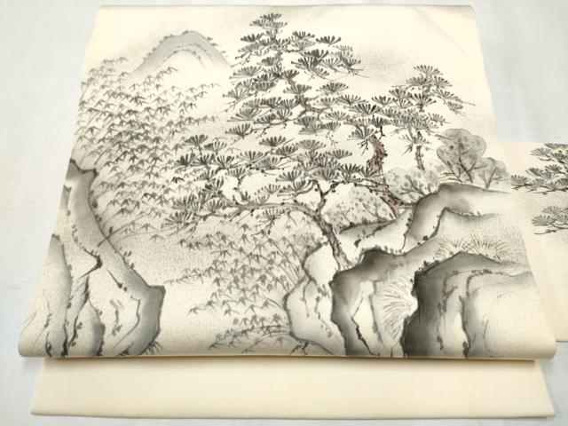 平和屋着物●塩瀬 九寸名古屋帯 手描き 遠山枝松葉文 正絹 逸品 CABB9398hy