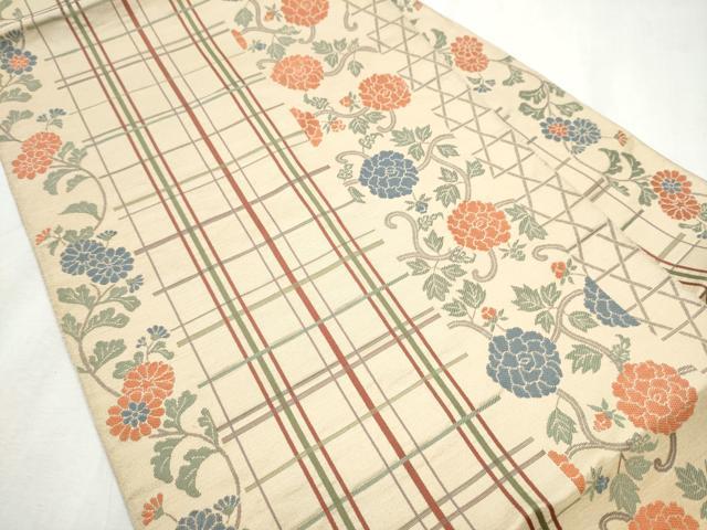平和屋着物●本場筑前博多織 八寸名古屋帯 格子花文 正絹 逸品 CABB9400hy