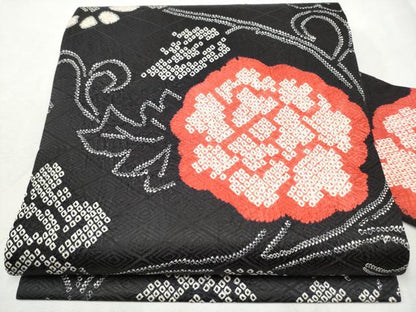 平和屋着物●全通柄 九寸名古屋帯 絞り 花唐草文 黒地 正絹 逸品 CABB9403hy