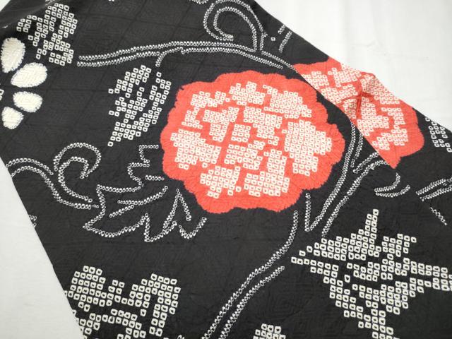 平和屋着物●全通柄 九寸名古屋帯 絞り 花唐草文 黒地 正絹 逸品 CABB9403hy