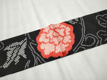 平和屋着物●全通柄 九寸名古屋帯 絞り 花唐草文 黒地 正絹 逸品 CABB9403hy