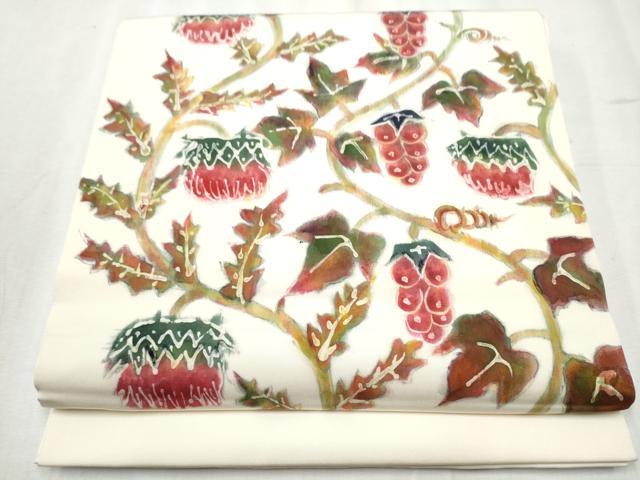 平和屋着物●塩瀬 九寸開き名古屋帯 作家物 ろうけつ染 葡萄蔦の葉文 正絹 逸品 CABB9409hy