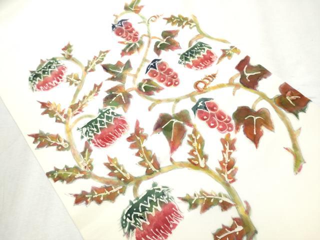 平和屋着物●塩瀬 九寸開き名古屋帯 作家物 ろうけつ染 葡萄蔦の葉文 正絹 逸品 CABB9409hy
