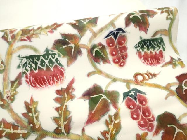 平和屋着物●塩瀬 九寸開き名古屋帯 作家物 ろうけつ染 葡萄蔦の葉文 正絹 逸品 CABB9409hy