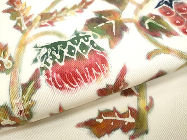 平和屋着物●塩瀬 九寸開き名古屋帯 作家物 ろうけつ染 葡萄蔦の葉文 正絹 逸品 CABB9409hy