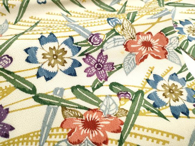 平和屋着物●全通柄 九寸名古屋帯 型染め 草花文 鬼しぼ縮緬 正絹 逸品 CABB9410hy