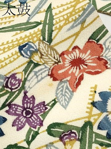 平和屋着物●全通柄 九寸名古屋帯 型染め 草花文 鬼しぼ縮緬 正絹 逸品 CABB9410hy