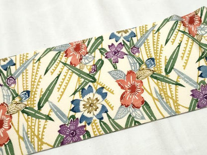 平和屋着物●全通柄 九寸名古屋帯 型染め 草花文 鬼しぼ縮緬 正絹 逸品 CABB9410hy