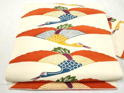 平和屋着物●全通柄 九寸名古屋帯 型染め 飛鶴文 鬼しぼ縮緬 正絹 逸品 CABB9412hy