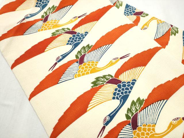 平和屋着物●全通柄 九寸名古屋帯 型染め 飛鶴文 鬼しぼ縮緬 正絹 逸品 CABB9412hy