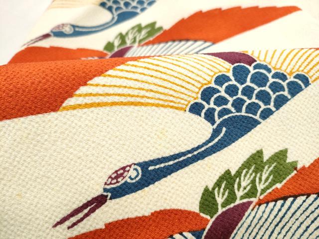 平和屋着物●全通柄 九寸名古屋帯 型染め 飛鶴文 鬼しぼ縮緬 正絹 逸品 CABB9412hy