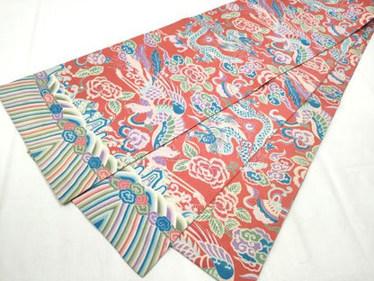 平和屋着物●アンティーク 大正ロマン 丸帯 龍 鳳凰花文 正絹 逸品 CABB9414hy