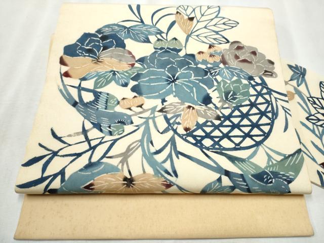 平和屋着物●塩瀬 九寸名古屋帯 型染め 花籠文 正絹 逸品 CABB9420hy