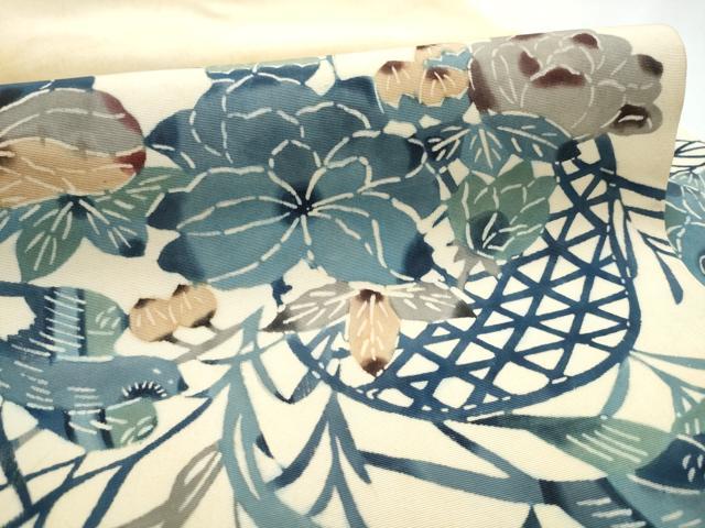 平和屋着物●塩瀬 九寸名古屋帯 型染め 花籠文 正絹 逸品 CABB9420hy