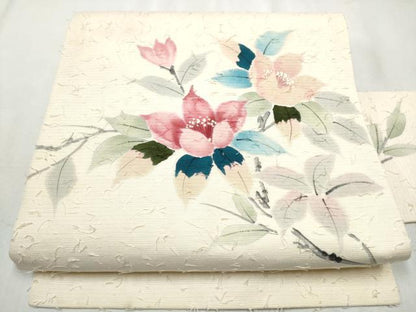 平和屋着物●九寸名古屋帯 作家物 手描き 髭紬 枝花文 正絹 逸品 CABB9425hy