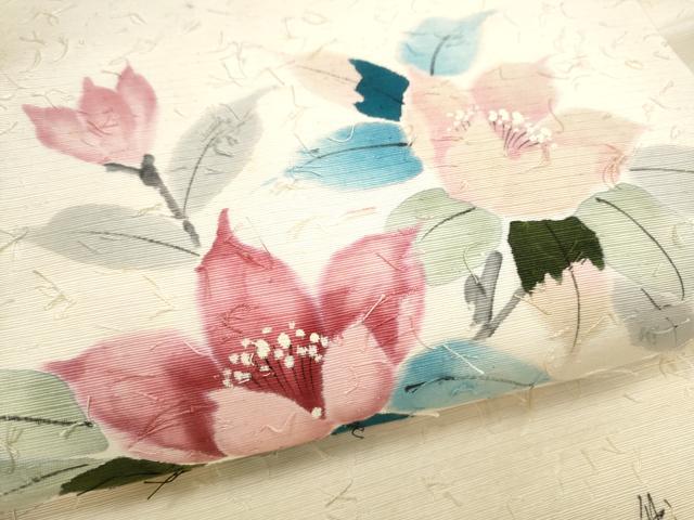 平和屋着物●九寸名古屋帯 作家物 手描き 髭紬 枝花文 正絹 逸品 CABB9425hy